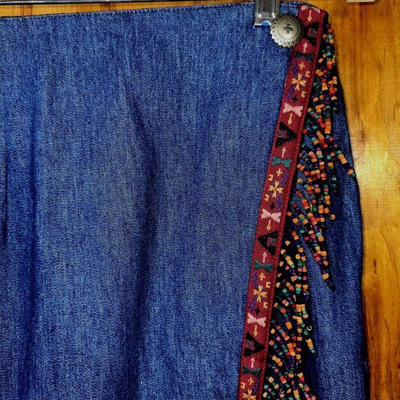 VTG Pine Cove 90s Y2K Cotton Denim Full Wrap Maxi Skirt Aztec Beaded Fringe 10 - Picture 3 of 4
